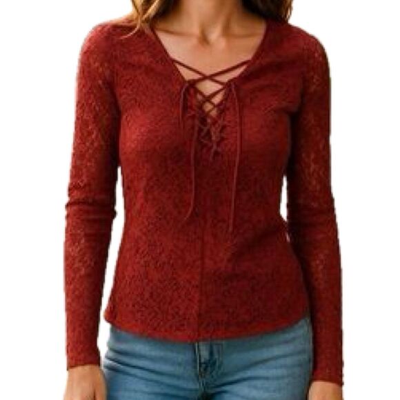 NWT Hollister Must Have Collection Floral Lace Front Lace Up Tie Long Sleeve Top - Picture 1 of 5